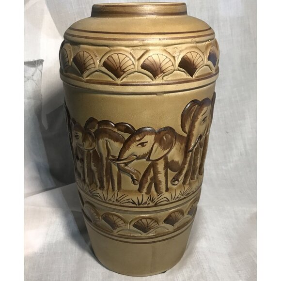 Handcrafted Vase Elephant Motif Ceramic African Shells Brown Beige 10.5" Tall - Picture 2 of 12